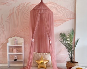 Kids Bed Canopy for Girls Soft Smooth Play Tent Crib Netting Reading Nook Kids Room Decor Powder Color
