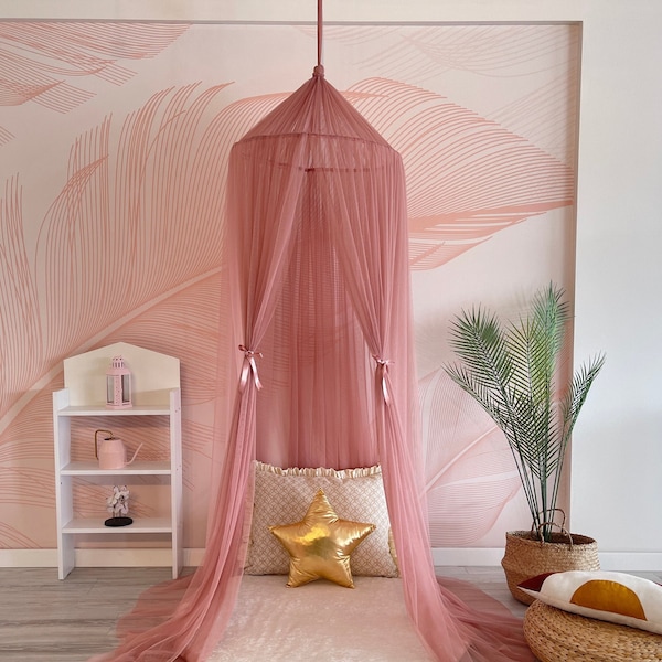 Kids Bed Canopy for Girls Soft Smooth Play Tent Crib Netting Reading Nook Kids Room Decor Powder Color
