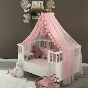 Roze babywiegluifel met standaard – baldakijn zachte tule babykamer, elegante prinsesbeddecor, dromerige babywiegluifel, babykamerdecoratie