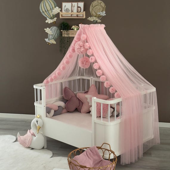 Rosa Betthimmel mit Ständer für Babybett – weicher Kinderzimmer-Baldachin, elegante Prinzessin-Dekoration, verträumter Babybett-Baldachin, Babyzimmerdeko