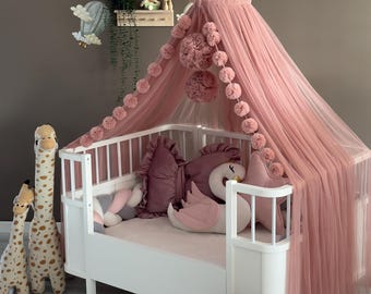 Rose Baby Crib Canopy with Stand – Soft Tulle Nursery Baldachin, Elegant Princess Bed Decor,  Dreamy Baby Crib Canopy, Baby Room Decor