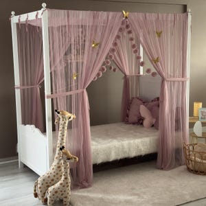 Cortinas de cama com dossel rosa-claro, dossel de cama com dossel, dossel de cama Montessori, cortinas de cama personalizadas, cortinas de cama, cortinas de cama com dossel, dossel de solteiro