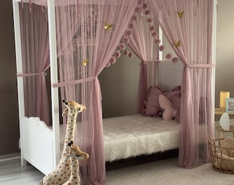 Blush Pink Poster Bed Curtains, Poster Bed Canopy, Montessori Bed Canopy, Custom Bed Curtains, Bed Drapes, Canopy Bed Curtains, Twin Canopy