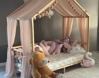 Light Powder Montessori Bed Canopy, Kids Bed Canopy, Montessori Bed Curtains, Kids Room Decor, Mosquito Net for Bed Nursery, Tulle Canopy