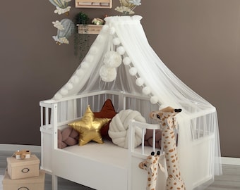 Cremefarbener Baldachin für Babybett mit Ständer - Weicher Kinderzimmer-Baldachin, Elegante Prinzessin-Bett-Dekor, Verträumter Babybett-Baldachin, Babyzimmer-Dekoration