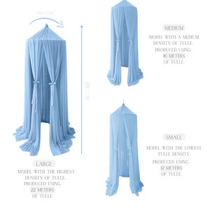May include: Three blue canopy mosquito nets with different densities of tulle. The large canopy is made with 22 meters of tulle, the medium canopy is made with 16 meters of tulle, and the small canopy is made with 12 meters of tulle. Each canopy is 65 cm in diameter and 280 cm in height.