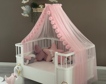 Pink Baby Crib Canopy With Stand – Soft Tulle Nursery Baldachin