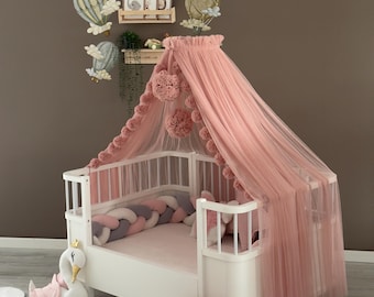 Puderfarbener Betthimmel mit Ständer - weicher Kinderzimmer-Baldachin, elegante Prinzessinnenbett-Dekor, verträumter Babybett-Baldachin, Babyzimmer-Dekoration