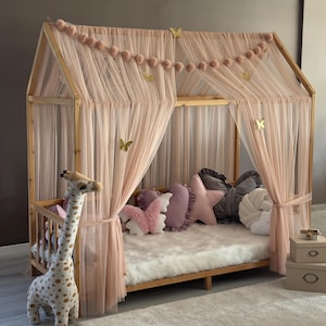 Light Powder Montessori Bed Canopy, Kids Bed Canopy, Montessori Bed Curtains, Kids Room Decor, Mosquito Net for Bed Nursery, Tulle Canopy