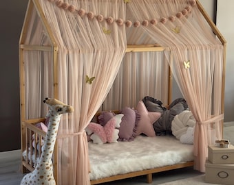 Light Powder Montessori Bed Canopy, Kids Bed Canopy, Montessori Bed Curtains, Kids Room Decor, Mosquito Net for Bed Nursery, Tulle Canopy