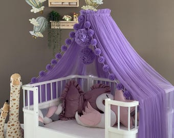Lilac Baby Crib Canopy with Stand – Soft Tulle Nursery Baldachin, Elegant Princess Bed Decor,  Dreamy Baby Crib Canopy, Baby Room Decor