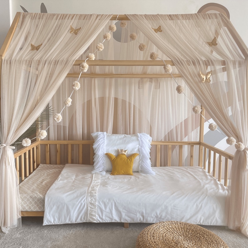 Dosel de cama Montessori, dosel de cama para niños, cortinas de cama Montessori, red de cuna, decoración de habitación para niños, mosquitera para guardería, dosel de tul imagen 5