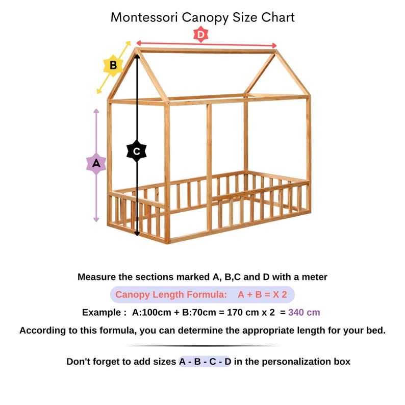 May include: A wooden Montessori canopy bed frame with a house-shaped design. The image includes a size chart with measurements labeled A, B, C, and D, and a formula to calculate the canopy length. The text reads, "Don't forget to add sizes A - B - C - D in the personalization box."