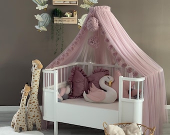 Blush Pink Baby Crib Canopy with Stand – Soft Tulle Nursery Baldachin, Elegant Princess Bed Decor,  Dreamy Baby Crib Canopy, Baby Room Decor