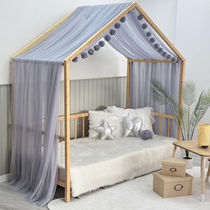 Grey Montessori Bed Canopy, Kids Bed Canopy, Montessori Bed Curtains, Kids Room Decor, Mosquito Net for Bed Nursery, Tulle Canopy