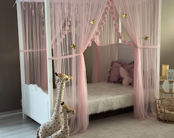 Pink Poster Bed Curtains, Poster Bed Canopy, Montessori Bed Canopy, Custom Bed Curtains, Bed Drapes, Canopy Bed Curtains, Twin Canopy Bed