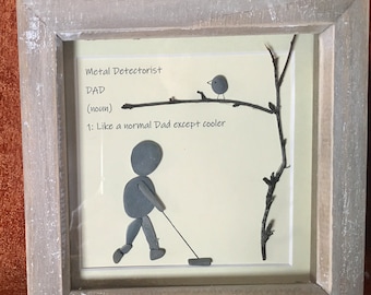 Metal detectorist, pebble picture, unique gift