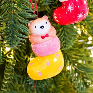Handmade Ceramic Bear Sculpture, Bear in Watermelon Stocking Ornament, Christmas Gift