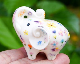 Lucky White Elephant With Flowers, Elephant For Wealth And Luck Trunk Up, Hand-Painted