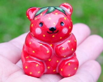 Strawbeary, Strawberry Bear Figurine, Ceramic Bear Desk Friend, Gifts For Her