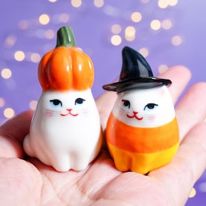 Figuras de gato de Halloween feitas à mão, gato fofo com abóbora, decoração de Halloween, estatueta de cerâmica