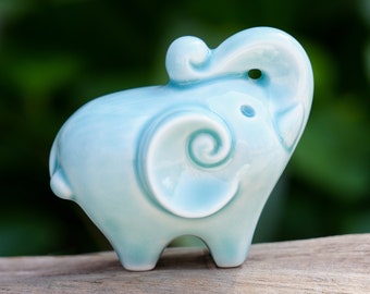 Lucky Blue Elephant, Elephant For Wealth And Luck Trunk Up, Housewarming Gift