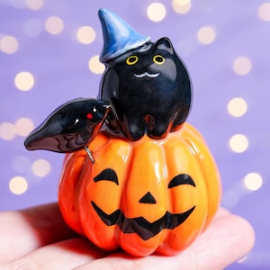 Black Cat on Pumpkin Figurine, Halloween Decoration, Handmade Cat, Cat Lover Gift
