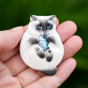 Siamese Cat And Fish Figurine, Gift For Cat Lover, Porcelain Siamese Kitten, Cat Mom Gift