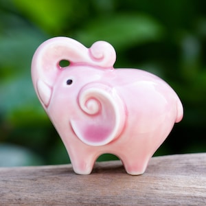 Lucky Pink Elephant Figurine, Elephant For Wealth And Luck Trunk Up, Ceramic Elephant