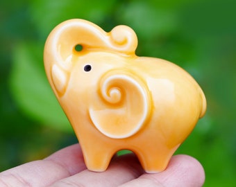 Lucky Yellow Elephant Figurine, Elephant For Wealth And Luck Trunk Up, Ceramic Elephant