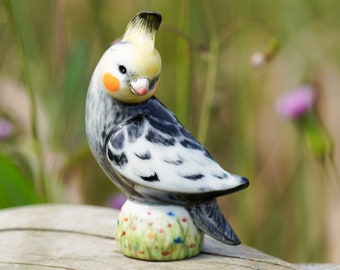 Porcelain Lutino Cockatiel Figurine, Cockatoo Figurine Decoration, Parrot Ornament