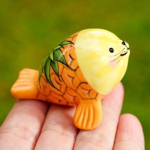 Pineapple Seal Figurine, Mini Ceramic Fruit Animal, Gift for Seal Lover
