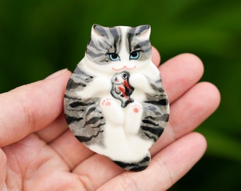 Small Ceramic Tabby Cat Figurine, Cute Gray Kitten, Gift for Cat Lady