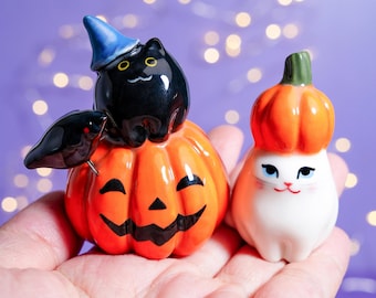 Figura de gato de calabaza de cerámica: decoración de Halloween, regalo para amantes de los gatos