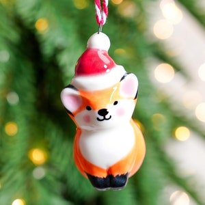 Handmade Fox Christmas Ornaments, Ceramic Fox Figurine, Mini Fox Wearing Santa Hat