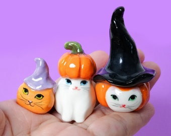 Handmade Cat Halloween Figurines, Cute Cat With Pumpkin, Halloween Decoration, Ceramic Figurine