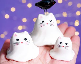 Handmade Ceramic Halloween Cat Ghost Figurine: Cat Lover Gift