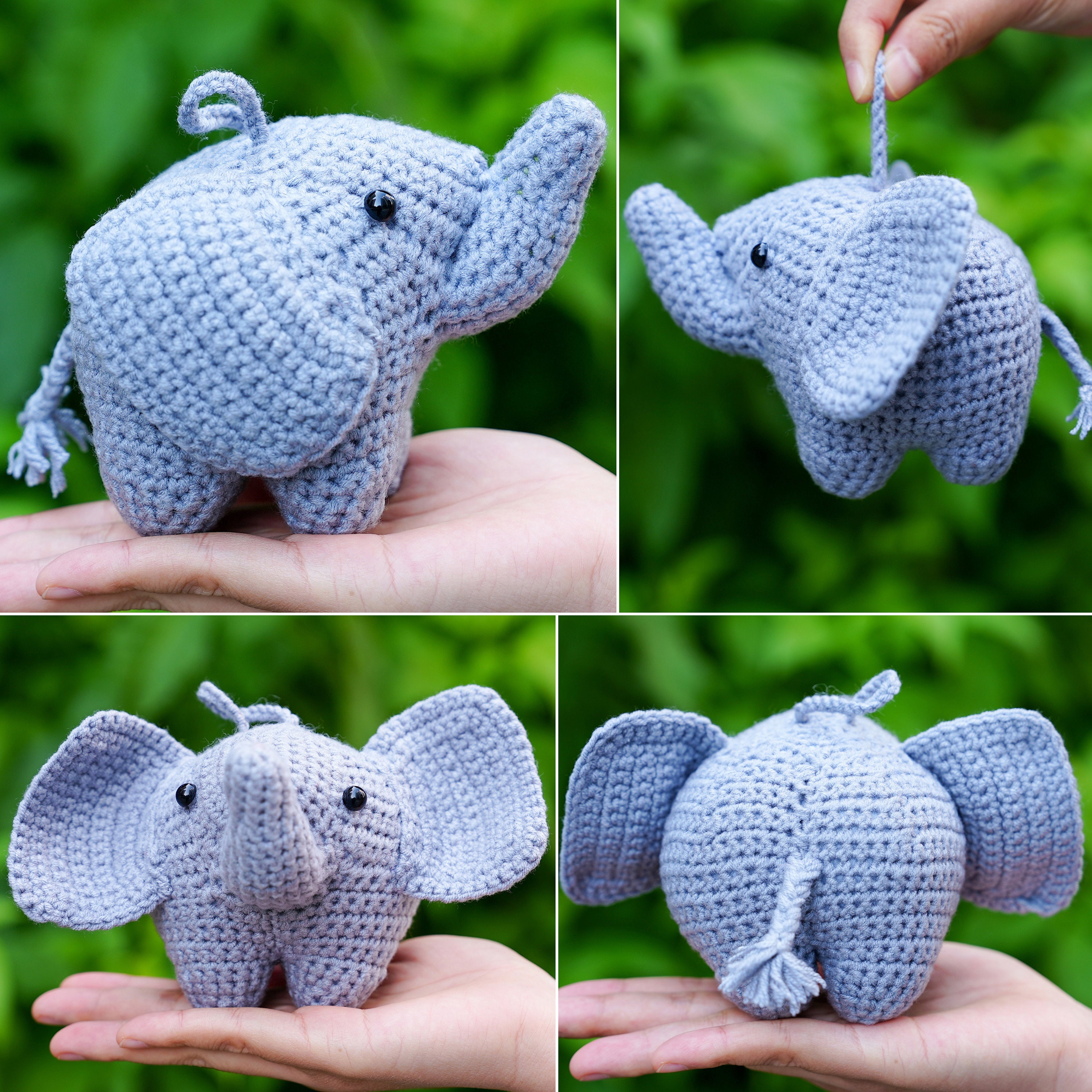 かぎ針編みの青い象のあみぐるみ：手作りの綿とベルベットのぬいぐるみ