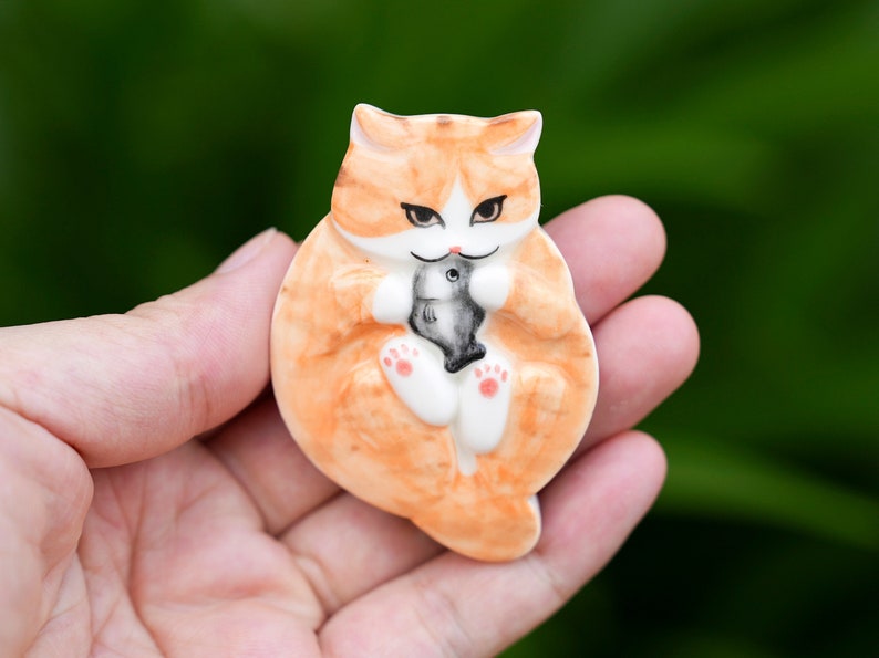 Ginger Cat Ceramic, Cat Porcelain, Orange Tabby Cat Miniature, Handmade Ceramic Animal image 1