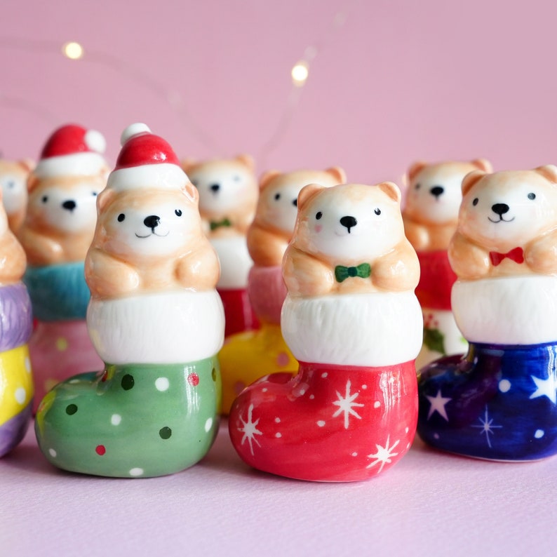 Handmade Ceramic Bear Figurines, Christmas Ornaments, Desk Decor, Animals Lovers Gift image 1