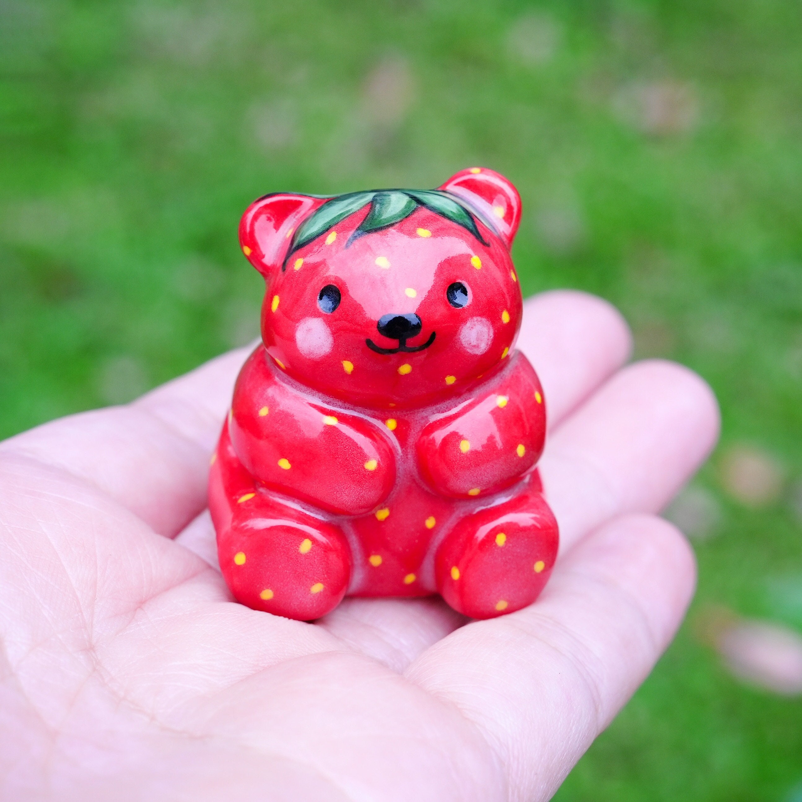 Strawbeary, Strawberry Bear Figurine, Ceramic Bear Desk Friend