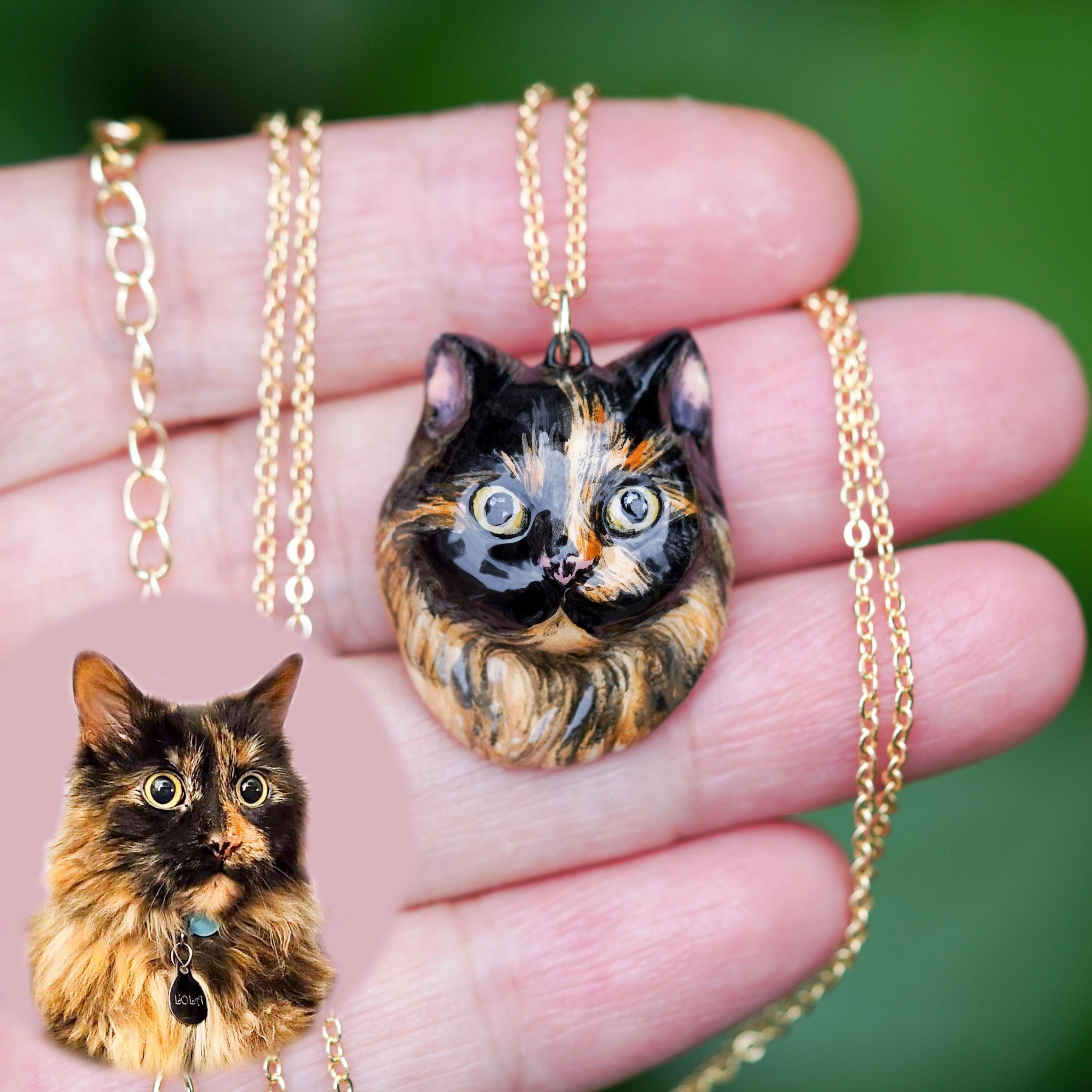 カスタム三毛猫ネックレス、セラミック三毛猫ペンダント、手作り肖像