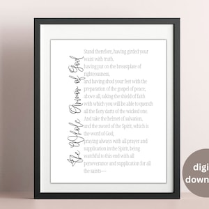 Whole Armor of God verse printable digital download, Christian wall art, Ephesians, Bible verse wall art