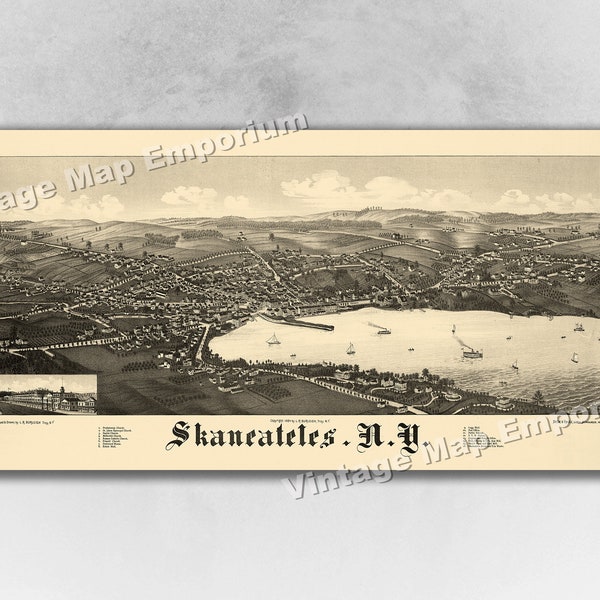 1884 Skaneateles, New York Map - Panoramic Old City Map - Historic Birds Eye View Vintage Map Art Print