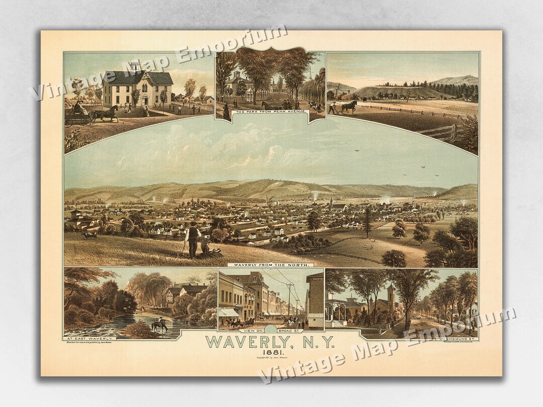 1881 Waverly, New York Map Panoramic Old City Map Historic Birds Eye