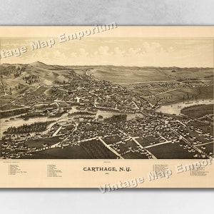 1888 Carthage, New York Map - Panoramic Old City Map - Historic Birds Eye View Vintage Map Art Print