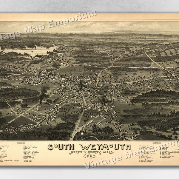 1885 South Weymouth, Massachusetts Map - Panoramic Old City Map - Historic Birds Eye View Vintage Map Art Print
