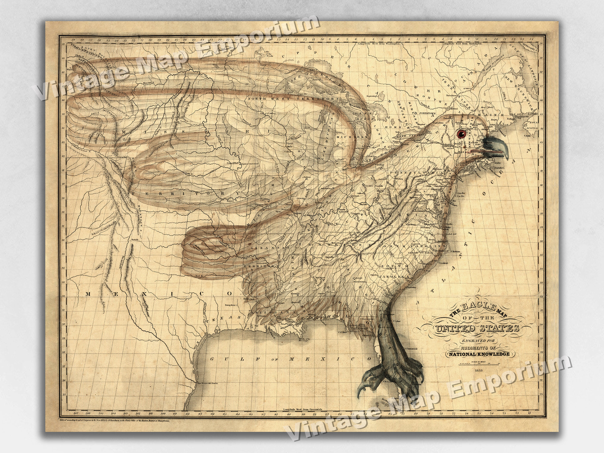 1833 the Eagle Map of the United States - Unusual Map Wall Map Art ...
