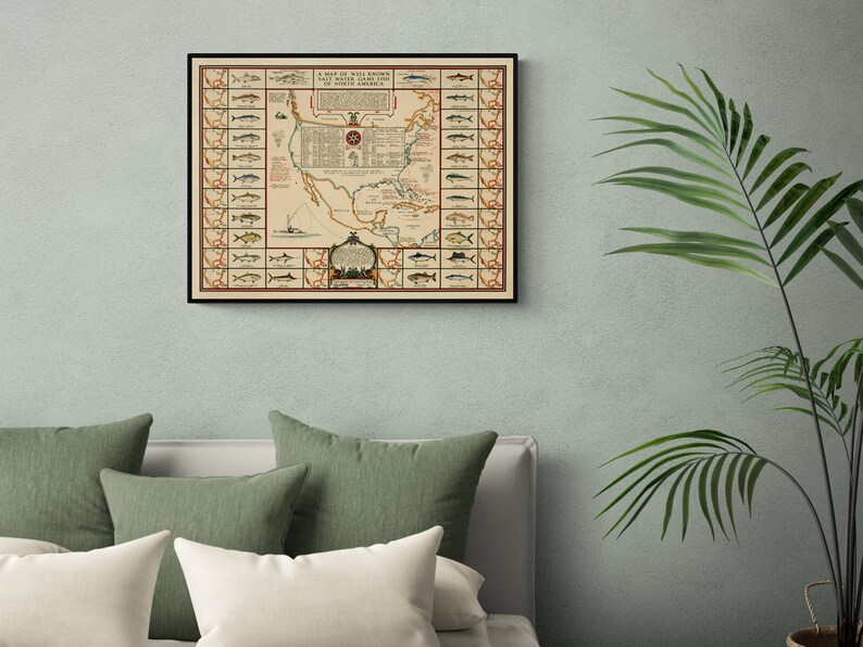 1936 A Map of Well Known Salt Water Game Fish of North America - Salt Water Fishing Art Print Poster Wall Map bild 2