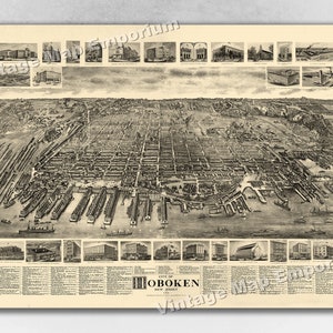 1904 Hoboken, New Jersey Map - Panoramic Old City Map - Historic Birds Eye View Vintage Map Art Print